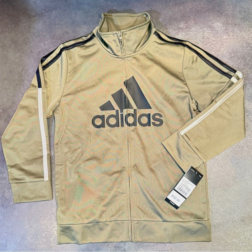 Adidas Track Jacket Kids Size 7 Olive Full Zip Black White Stripe Logo NWT